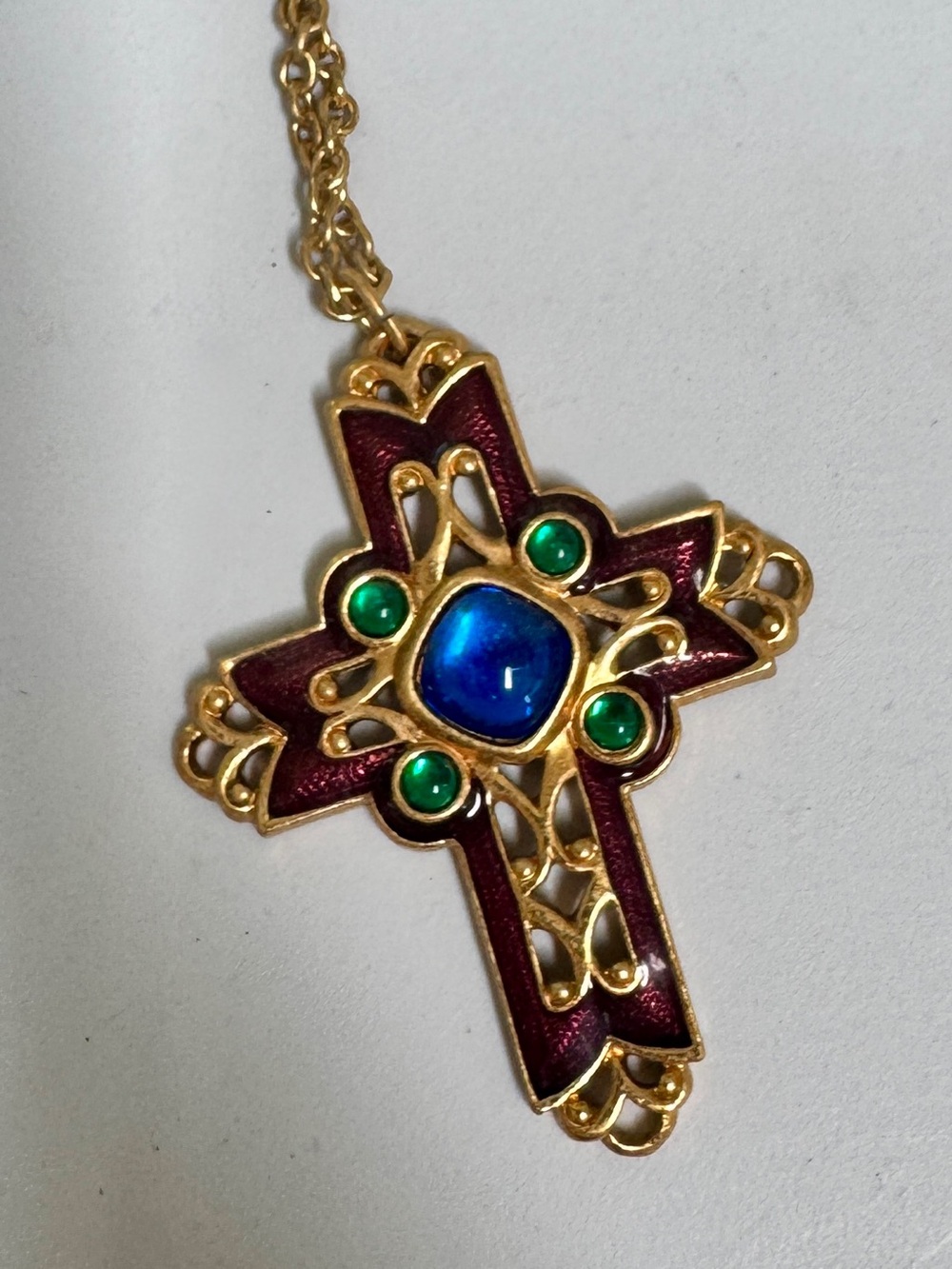 Vintage AVON Gold-Tone Cross Necklace with Blue Center and Green Accents